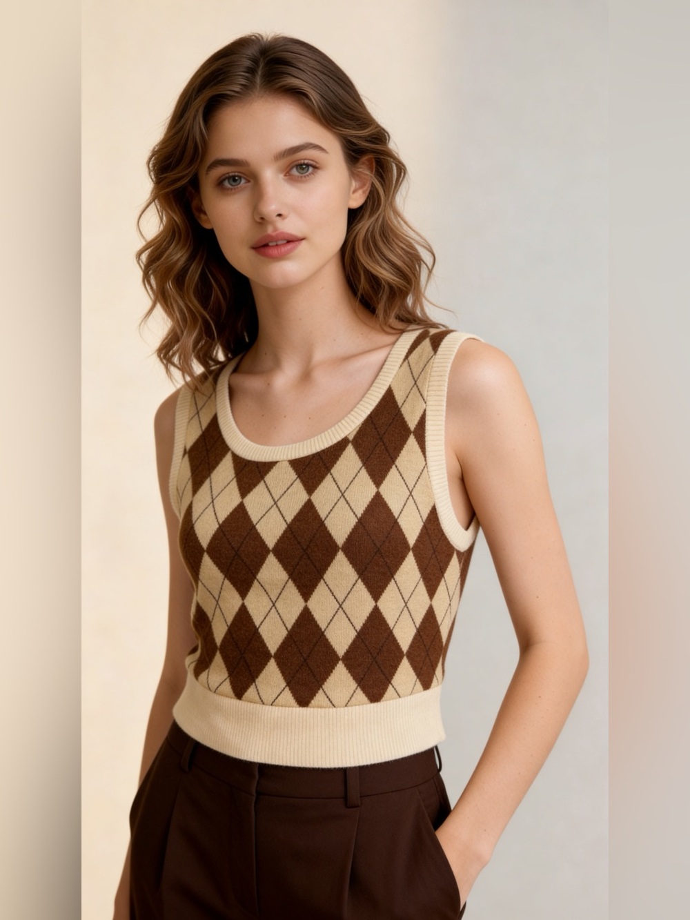 Argyle Knit Tank Top in Cream & Brown